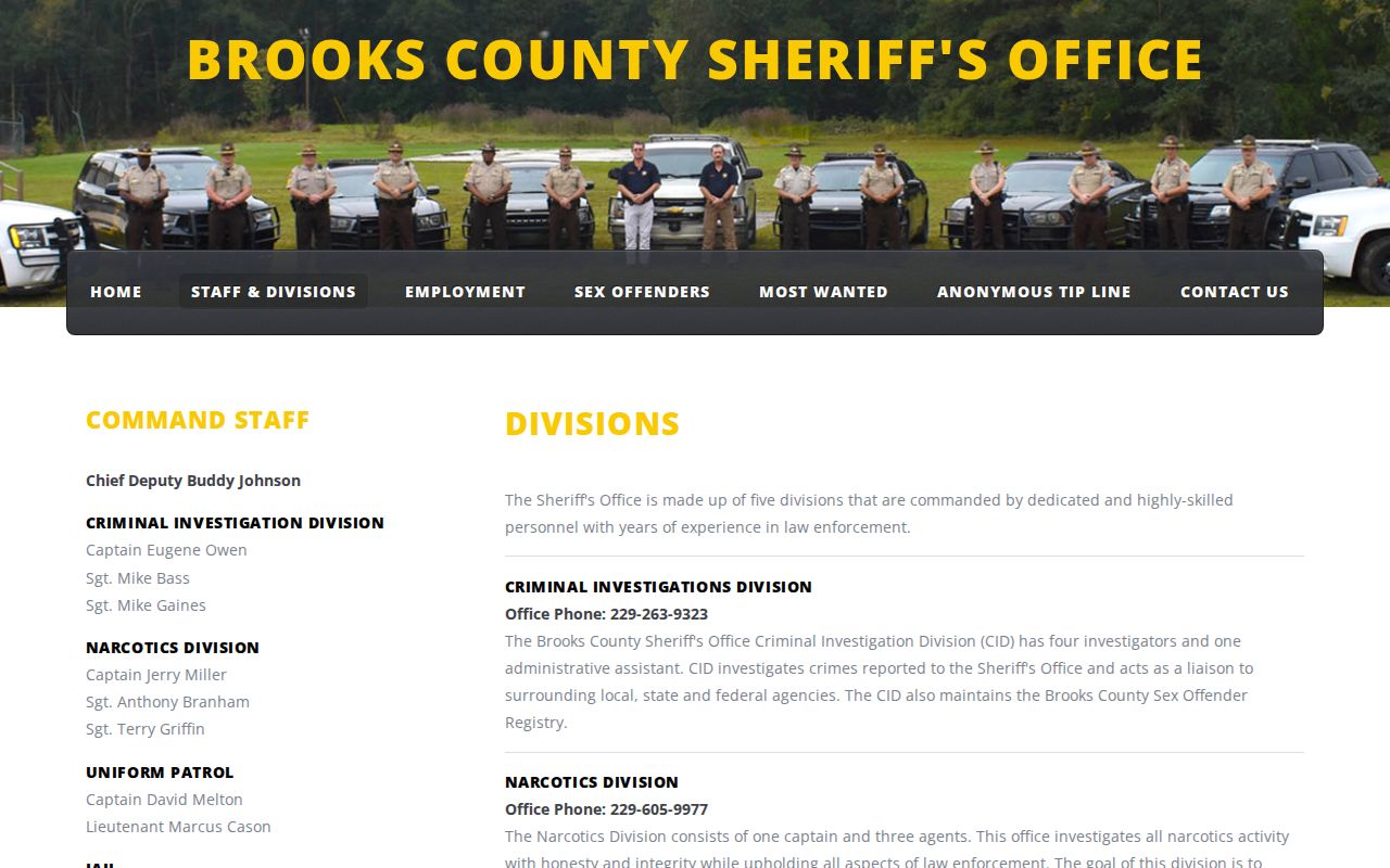 Brooks County Sheriff divisions and jail staffing information