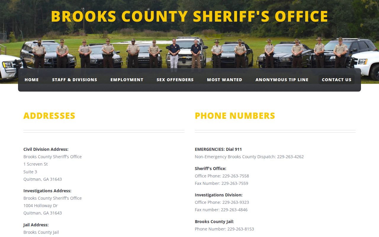 Brooks County Sheriff contact page for office investigations and jail