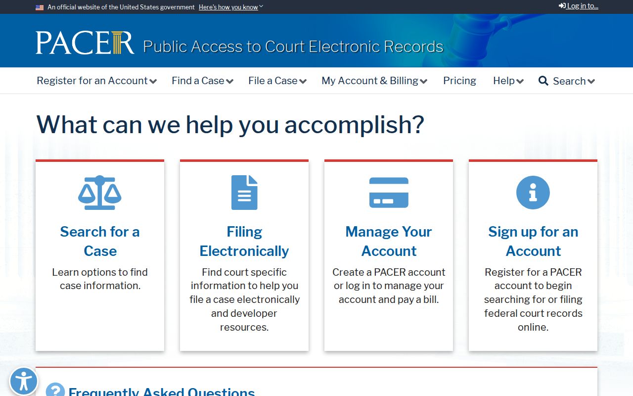 PACER federal court docket search registration page