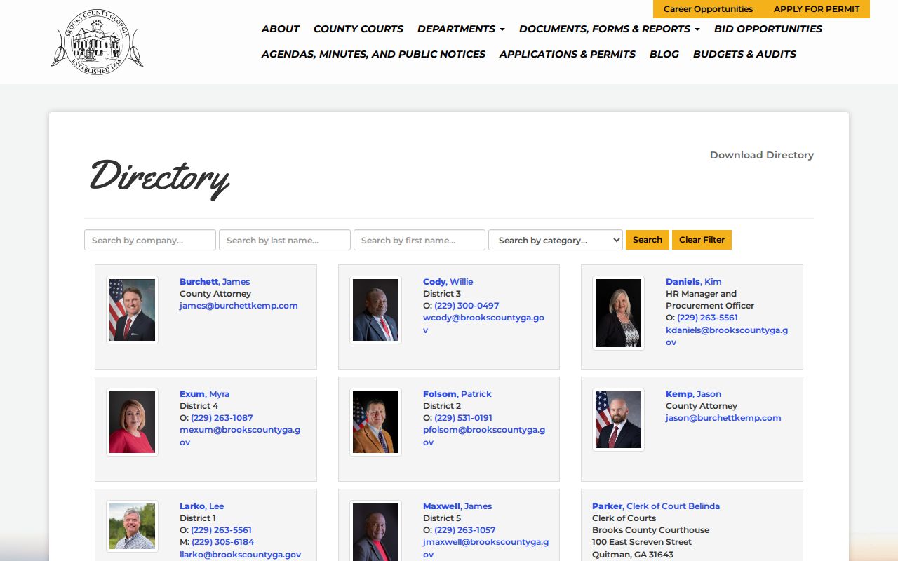 Brooks County directory showing clerk and courthouse contacts