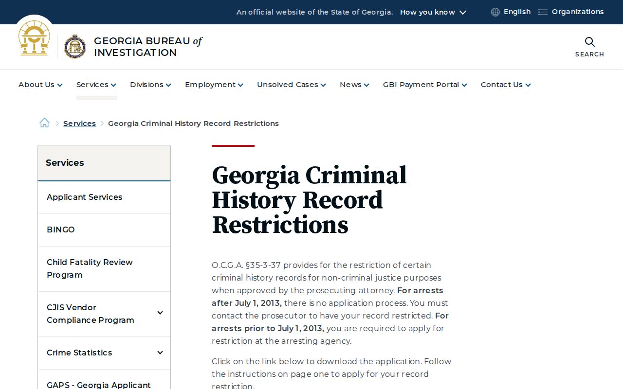 GBI Georgia record restriction guidance relevant to distinguishing registry relief